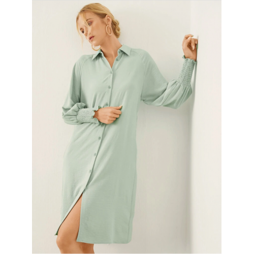 Solid Shirred Long Sleeve Button Lapel Shirt Dress 