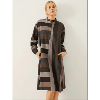 Stripe Pattern Stand Collar Button Long Sleeve Dress 