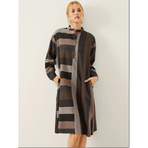 Stripe Pattern Stand Collar Button Long Sleeve Dress 