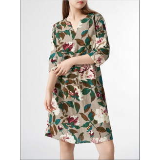 Allover Flower Leaves Print V-neck 3/4 Sleeve Dress