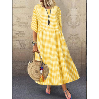 Women Casual Loose Plaid Print O-Neck Half Sleeve Dress 