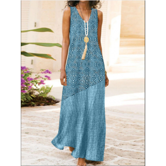 Leisure Geometry Pattern Patchwork V Neck Sleeveless Maxi Dress