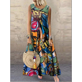 Women Retro O-neck Floral Print Sleeveless Maxi Dress