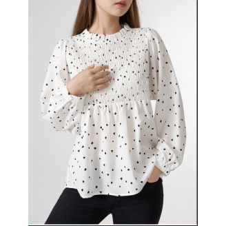 Allover Heart Print Shirred Long Sleeve Crew Neck Blouse