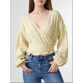 Solid Tie Drop Shoulder Wrap V-neck Long Sleeve Blouse