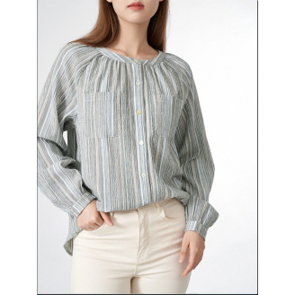 Stripe Print Pocket Button Front Long Sleeve Crew Neck Blouse