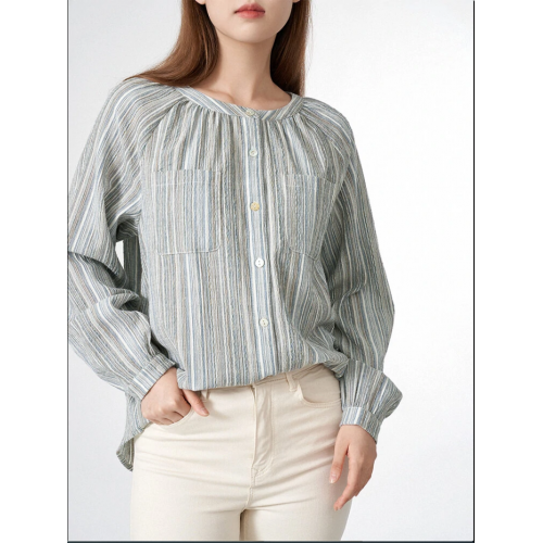 Stripe Print Pocket Button Front Long Sleeve Crew Neck Blouse