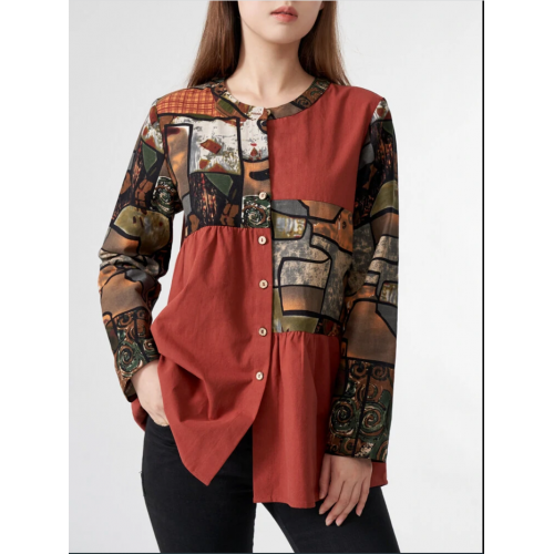 Abstract Pattern Contrast Button Long Sleeve Stand Collar Blouse