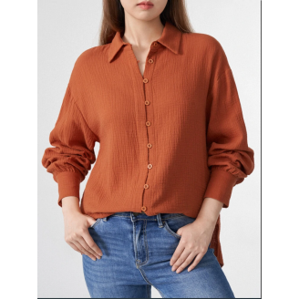 Solid Button Front Slit Hem Long Sleeve Lapel Shirt