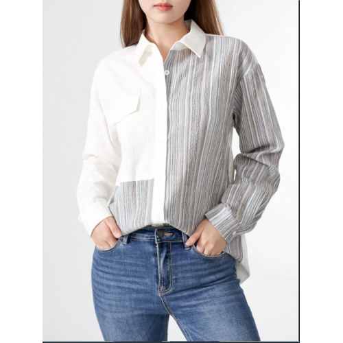 Stripe Contrast Button Front Long Sleeve Lapel Casual Shirt