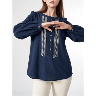 Contrast Button Front Long Sleeve Crew Neck Women Blouse