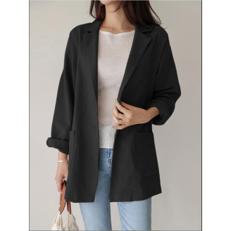 Women Plain Turn-Down Collar Casual Stylish Long Sleeve Blazer With Pockets 