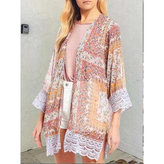 Ethnic Printed Lace Edging Long Sleeve Chiffon Kimono